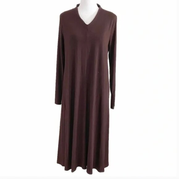 EILEEN FISHER BROWN LONG SLEEVE V-NECK VISCOSE BLEND STRETCH JERSEY MAXI DRESS - Picture 2 of 9